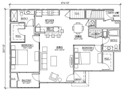 A floor plan of an apartment with two bedrooms, a living room, a kitchen, a dining room, a bathroom, a balcony, and an entry unit above.